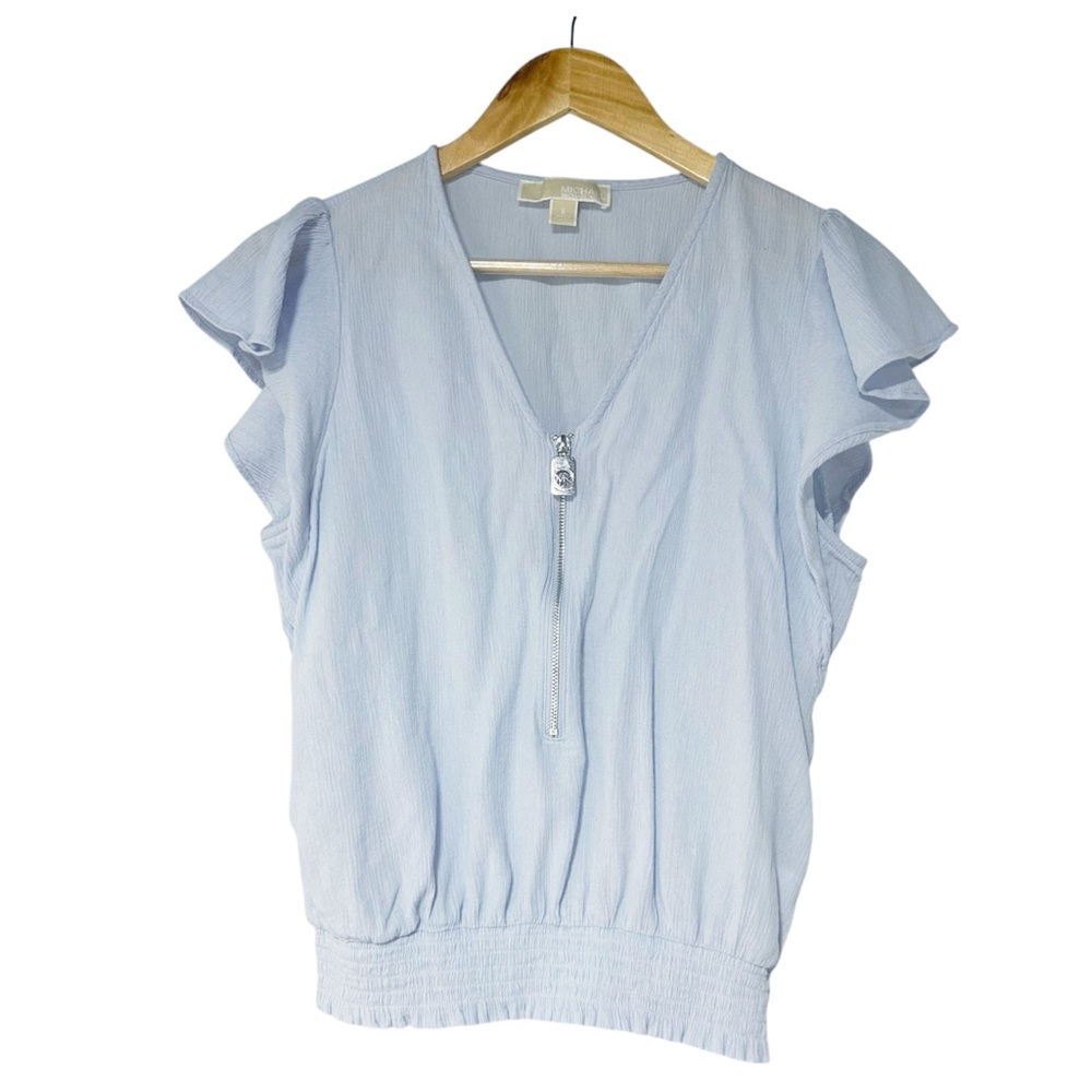 Michael Kors Light Blue Blouse Ruffled Sleeves V Neck w/Zipper Women’s Top Sz S